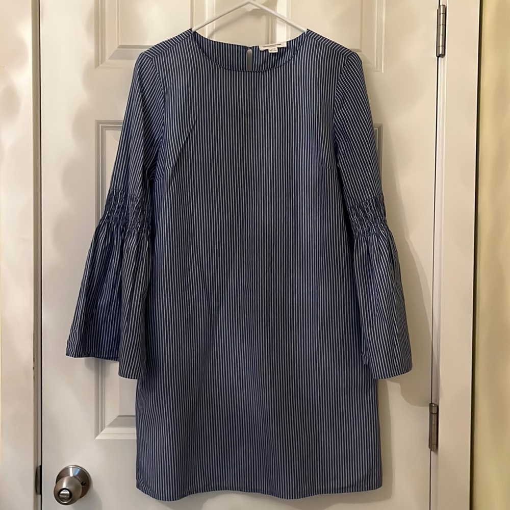 Blue & White Striped Bell Sleeve Mini Dress